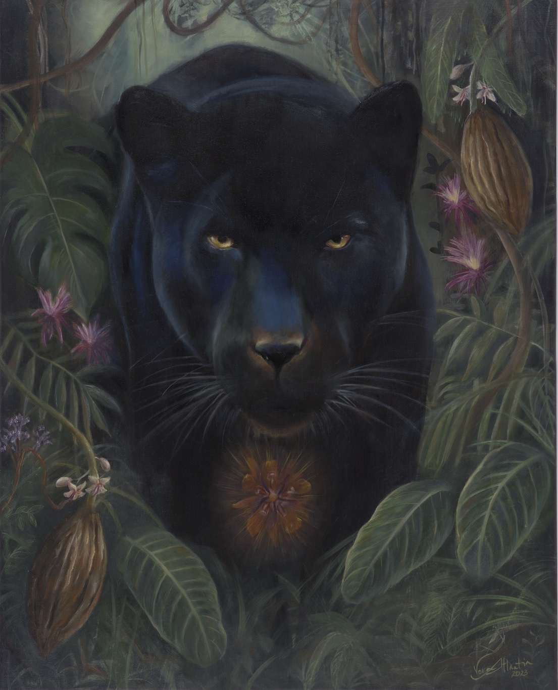 Kakao Spirit, Krafttier-Ölmalerei mit schwarzem Panther